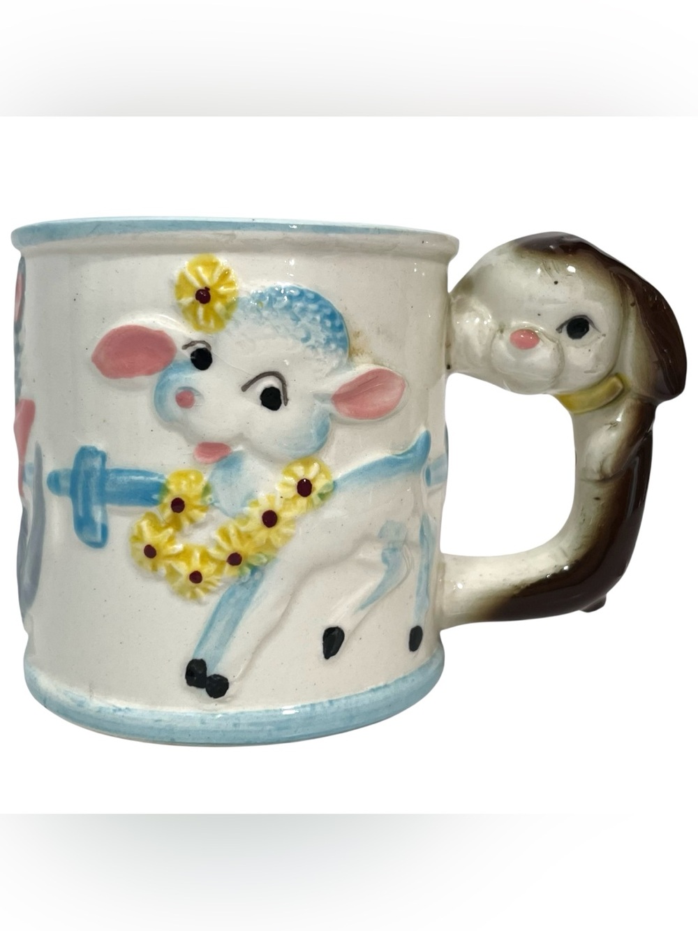Vintage 1950s Child's Ceramic Cup with Kitschy Hand Painted Lamb Cat Dog Bunny